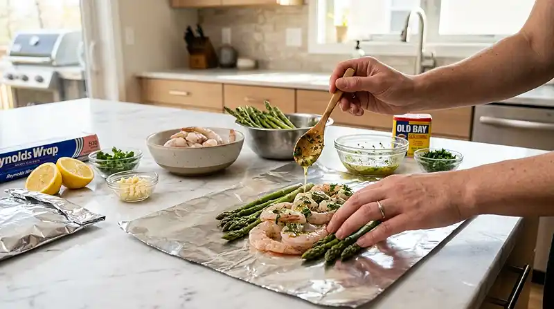 how to make the Grilled Lemon Shrimp Foil Packets