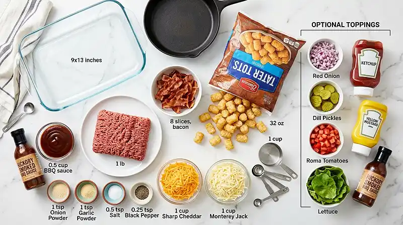 ingredients for BBQ Bacon Cheeseburger Tater Tot Bake