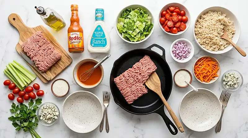 ingredients for Buffalo Ranch Turkey Bowls