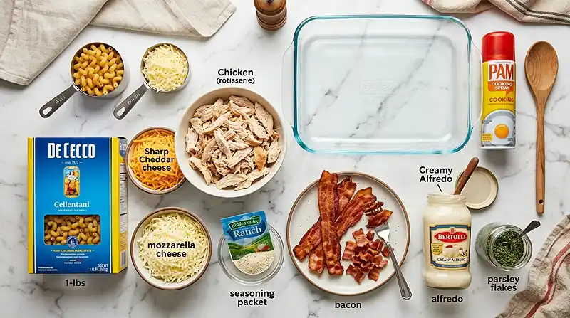 Chicken Bacon Ranch Pasta Bake 2 ingredients for Chicken Bacon Ranch Pasta Bake