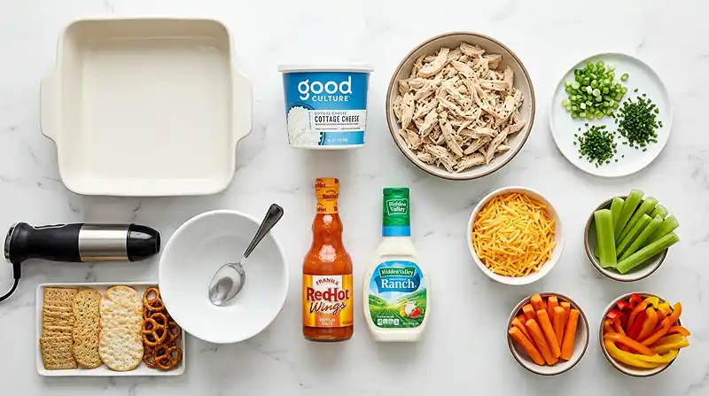 Cottage Cheese Buffalo Chicken Dip 2 ingredients for Cottage Cheese Buffalo Chicken Dip