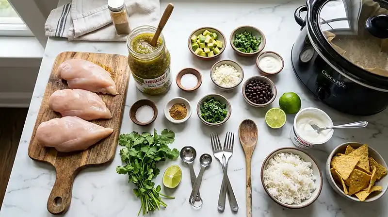 Crockpot Salsa Verde Chicken Bowls 2 ingredients for Crockpot Salsa Verde Chicken Bowls