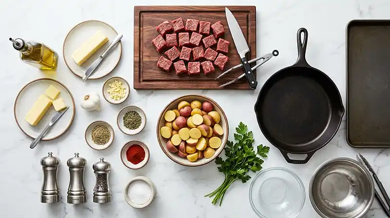 Garlic Butter Steak Bites and Potatoes 2 ingredients for Garlic Butter Steak Bites and Potatoes