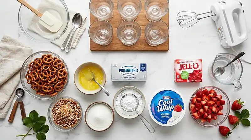 ingredients for No-Bake Strawberry Pretzel Cups