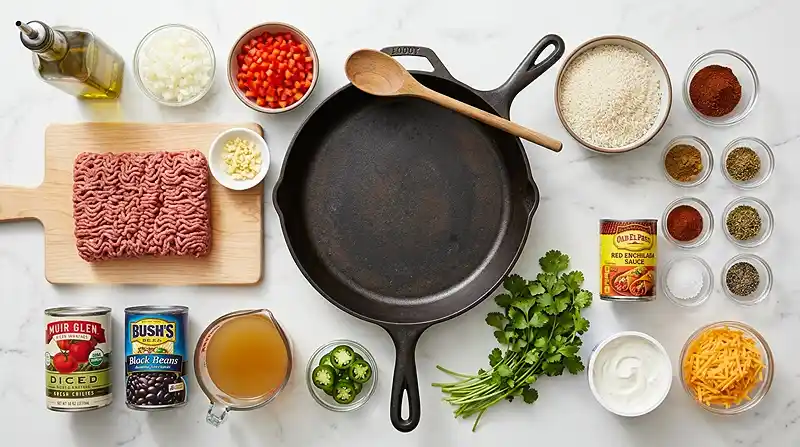 ingredients for One Pan Beef Enchilada Rice
