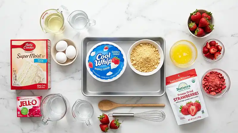 Strawberry Crunch Poke Cake 2 ingredients for Strawberry Crunch Poke Cake