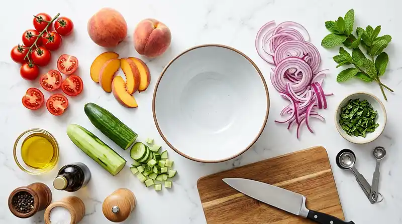 ingredients for Tomato Peach Cucumber Salad