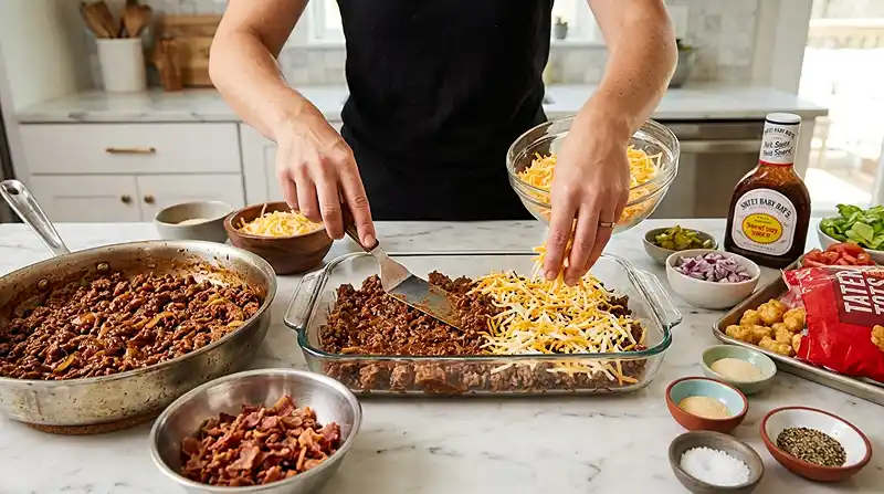 preparing the BBQ Bacon Cheeseburger Tater Tot Bake