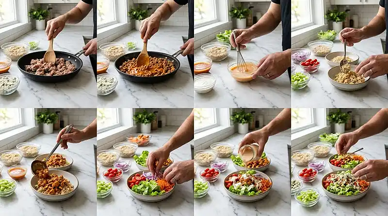 preparing the Buffalo Ranch Turkey Bowls