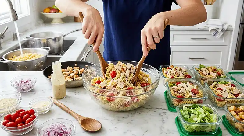 Chicken Caesar Pasta Lunch Boxes 3 preparing the Chicken Caesar Pasta Lunch Boxes