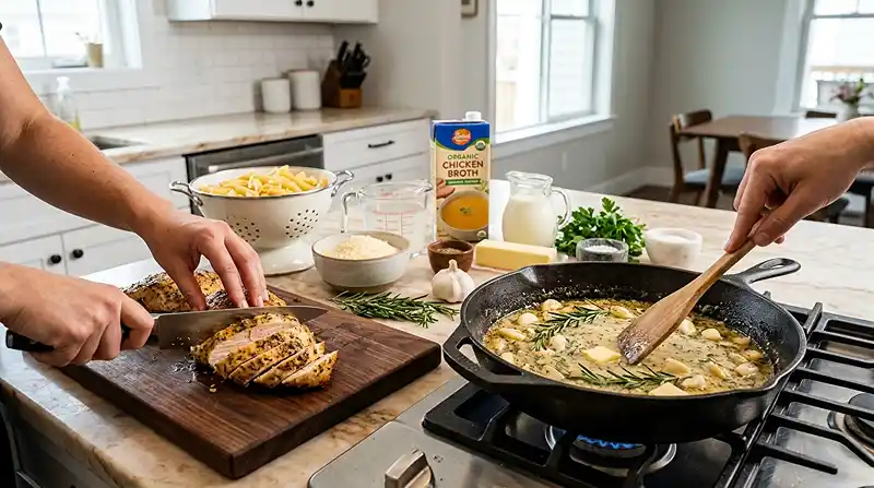 Creamy Garlic Chicken Pasta Skillet 3 preparing the Creamy Garlic Chicken Pasta Skillet