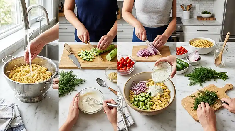 preparing the Cucumber Dill Pasta Salad
