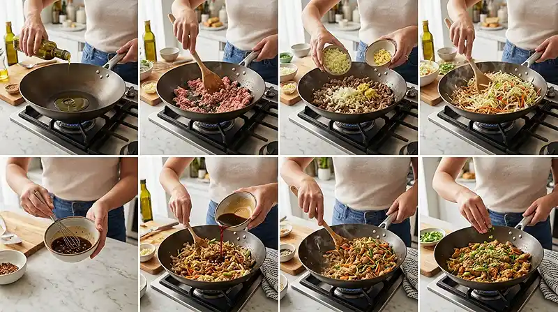 preparing the Ground Turkey Egg Roll Skillet