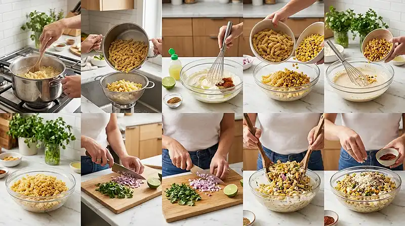 preparing the Loaded Street Corn Pasta Salad