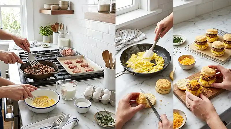 preparing the Mini Breakfast Biscuit Sandwiches