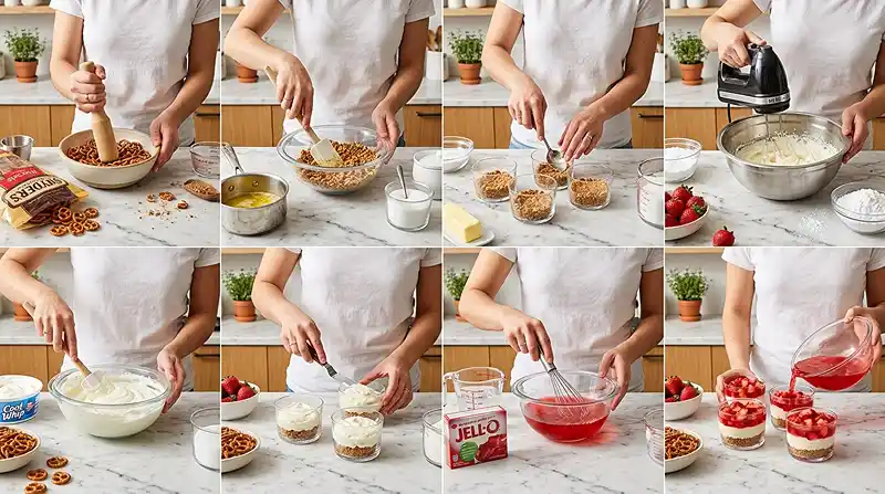 preparing the No-Bake Strawberry Pretzel Cups