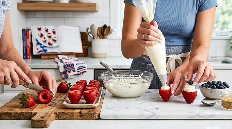 Patriotic Cheesecake Stuffed Strawberries 3 preparing the Patriotic Cheesecake Stuffed Strawberries