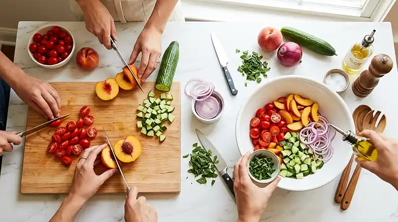 preparing the Tomato Peach Cucumber Salad