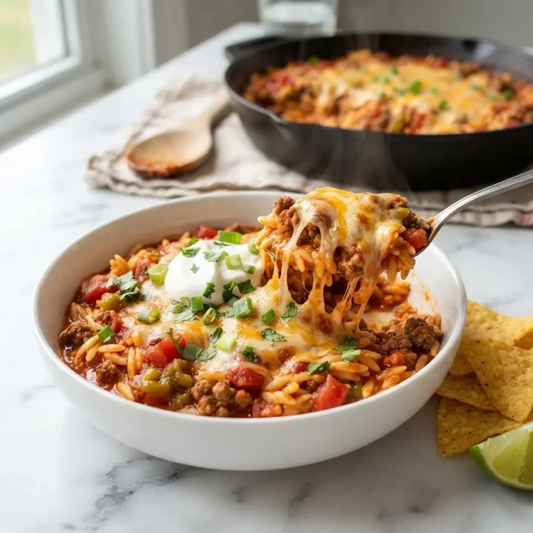 Cheesy Beef Enchilada Orzo Skillet