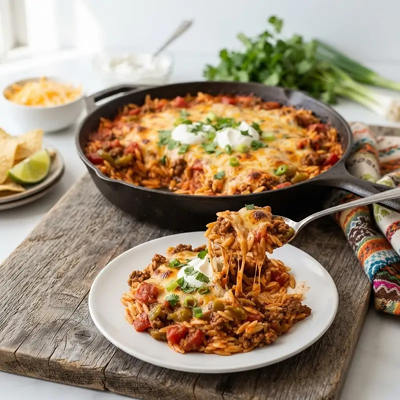 Cheesy Beef Enchilada Orzo Skillet 4 Cheesy Beef Enchilada Orzo Skillet RECIPE
