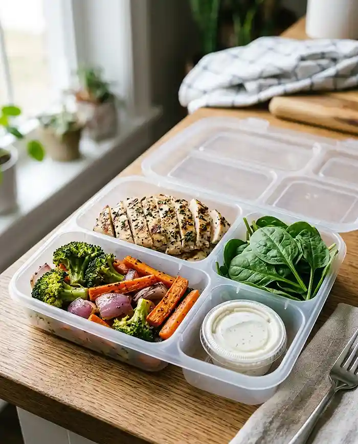 Easy Lunch Meal Prep Recipes 4 Compartmentalized meal prep container keeping sauce separate from chicken and vegetables to prevent sogginess