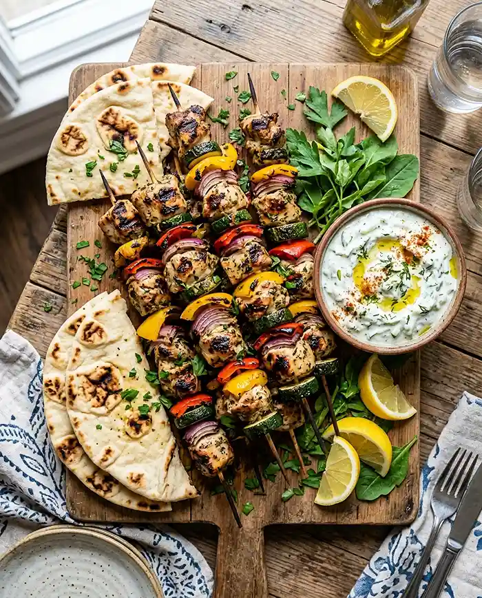 Summer Grilling and Patio Dinner Recipes 6 Grilled Mediterranean chicken kabobs with vegetables, tzatziki, and flatbread served on a wooden board