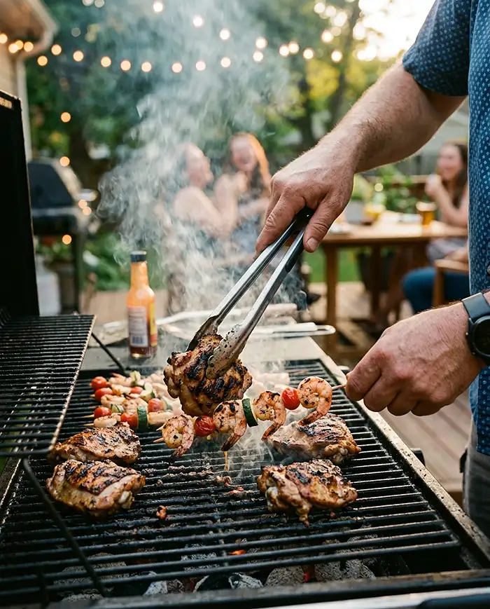 Summer Grilling and Patio Dinner Recipes 2 Hands flipping chicken and shrimp skewers on a grill, demonstrating summer grilling and patio dinner recipes technique