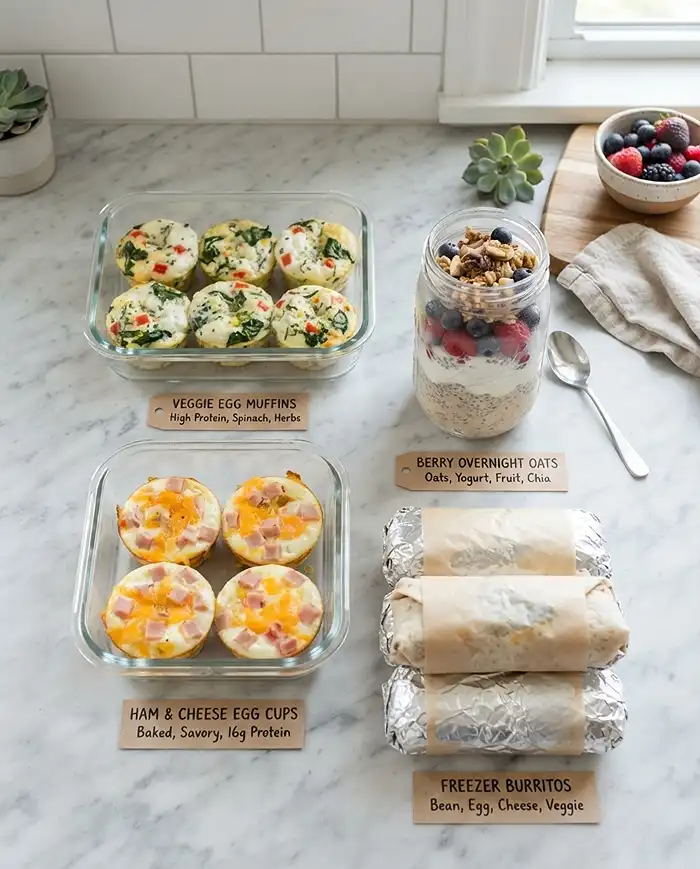 High-Protein Breakfast Meal Prep Recipes with egg muffins, overnight oats, and wraps in containers