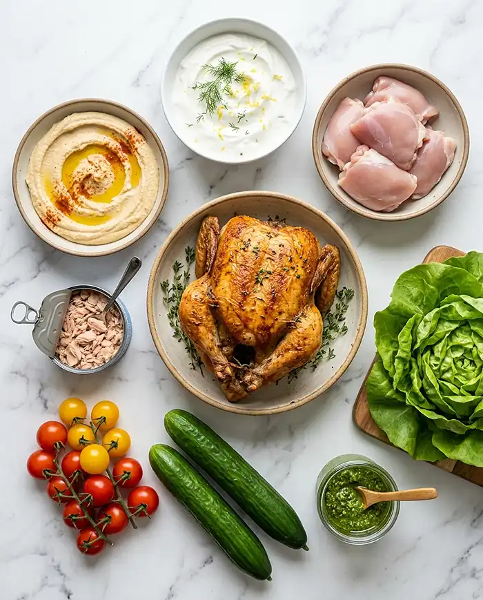 Easy Lunch Meal Prep Recipes 3 High protein meal prep ingredients including chicken, tuna, Greek yogurt, and fresh vegetables