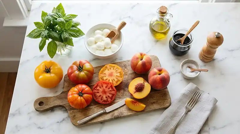INGREDIENTS OF Tomato Peach Basil Salad