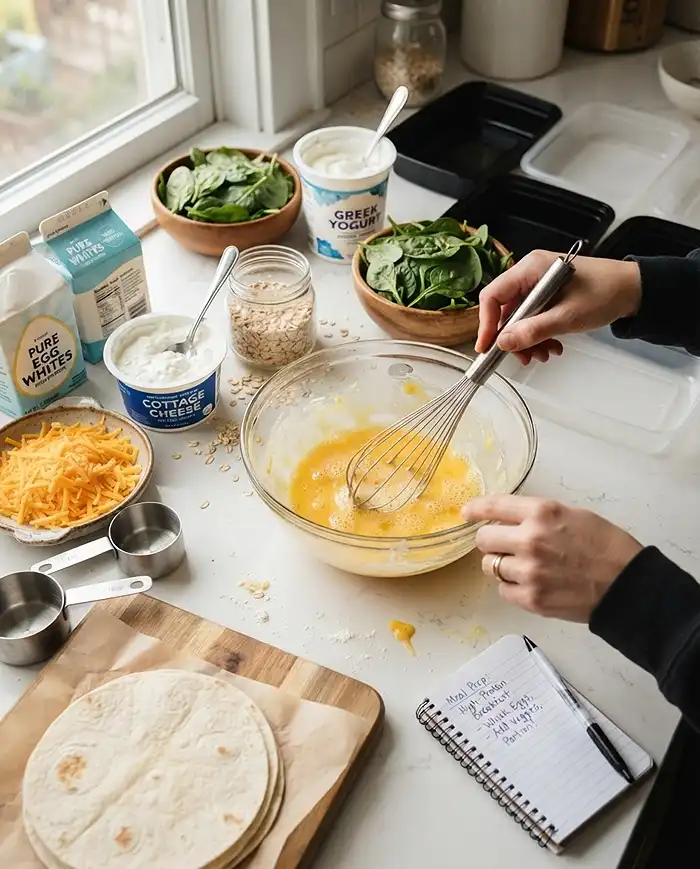 Ingredients for high-protein breakfast meal prep including eggs, cottage cheese, oats, and Greek yogurt