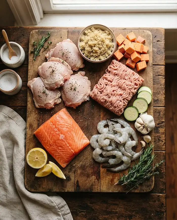 Lean protein ingredients for healthy dinners chicken thighs, ground turkey, salmon fillet, and shrimp with quinoa and vegetables