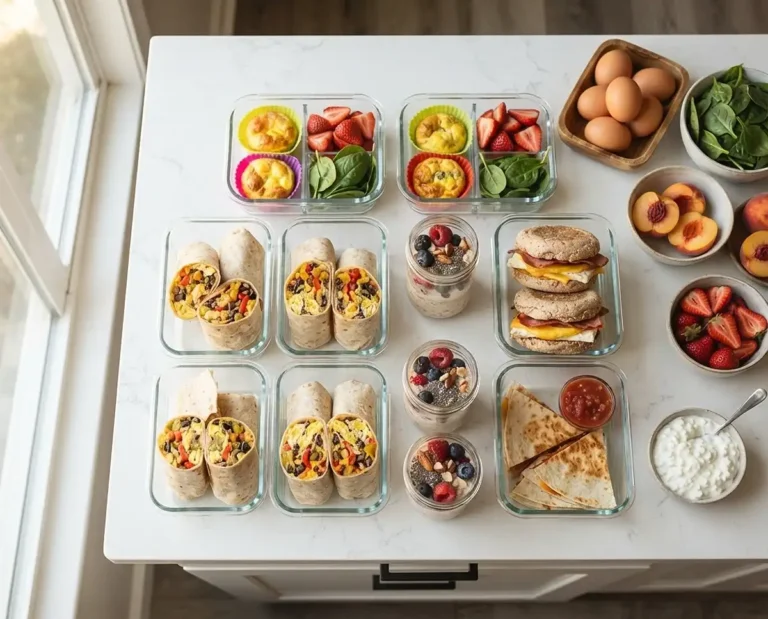 Weekly breakfast meal prep containers with eggs, oats, burritos, and sandwiches on a kitchen counter