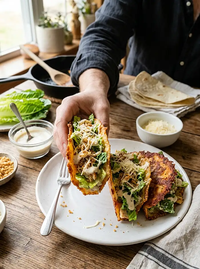 ground chicken caesar smash tacos​