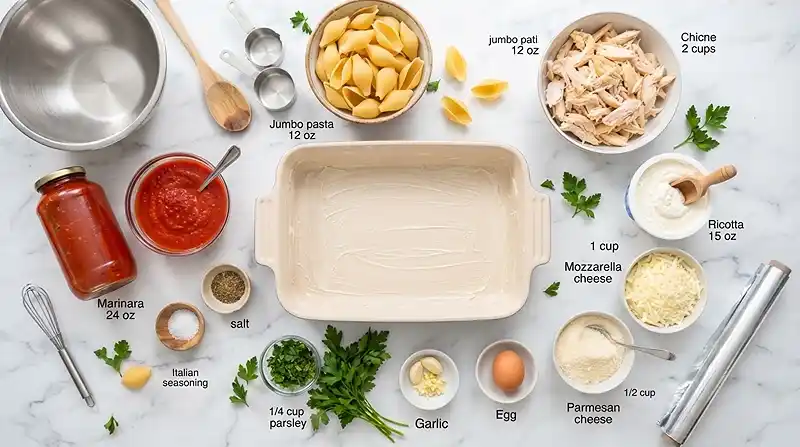 ingredients for Chicken Parmesan Stuffed Shell Bake