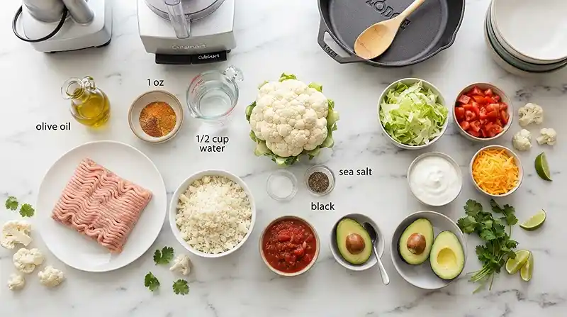 Ground Turkey Taco Cauliflower Rice Bowls 2 ingredients for Ground Turkey Taco Cauliflower Rice Bowls