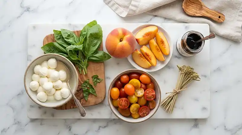 Mini Caprese Peach Skewers 2 ingredients for Mini Caprese Peach Skewers