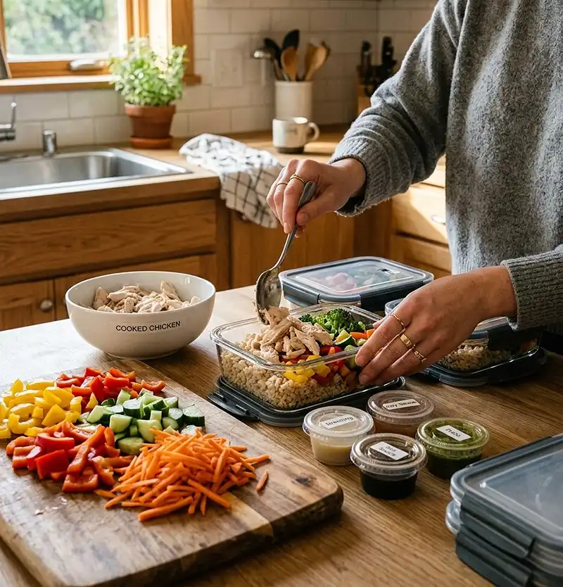 Easy Lunch Meal Prep Recipes 2 lunch meal prep recipes being portioned into containers on a kitchen counter
