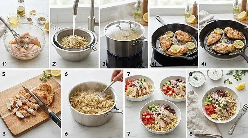 making the Greek Lemon Chicken Quinoa Bowls
