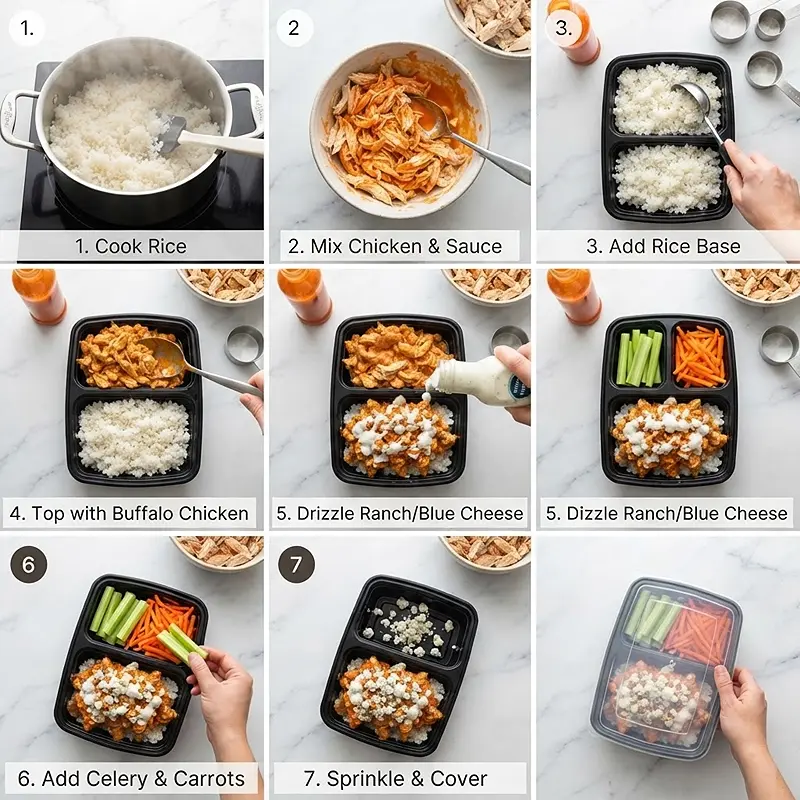 Buffalo Chicken Rice Lunch Prep 3 preparing the Buffalo Chicken Rice Lunch Prep