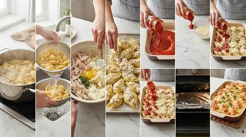 preparing the Chicken Parmesan Stuffed Shell Bake