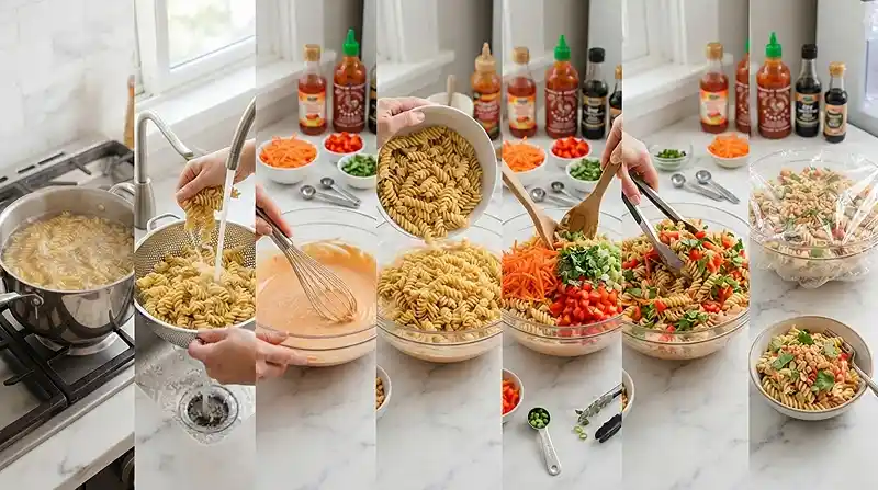 preparing the Firecracker Pasta Salad