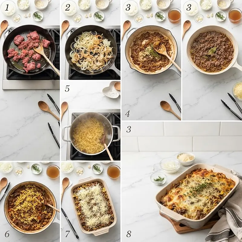 preparing the French Onion Beef Noodle Casserole