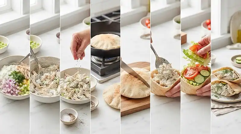 preparing the Greek Yogurt Chicken Salad Pitas