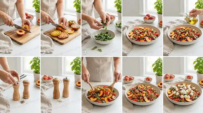 preparing the Tomato Peach Basil Salad