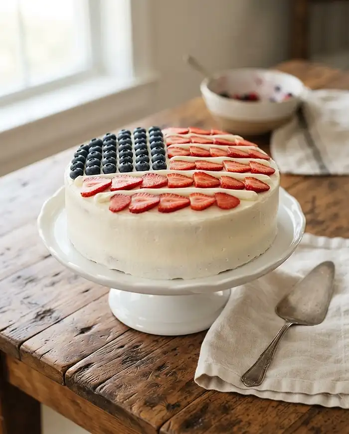 Patriotic Summer Dessert Recipes 10 Berry flag cake decorated with strawberries and blueberries in an American flag pattern