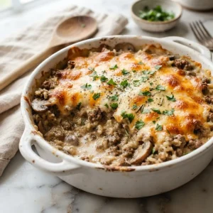 Creamy Beef Mushroom Rice Bake