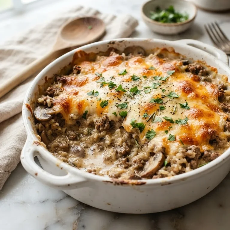 Creamy Beef Mushroom Rice Bake