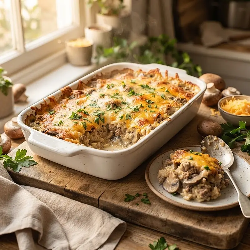 Creamy Beef Mushroom Rice Bake RECIPE