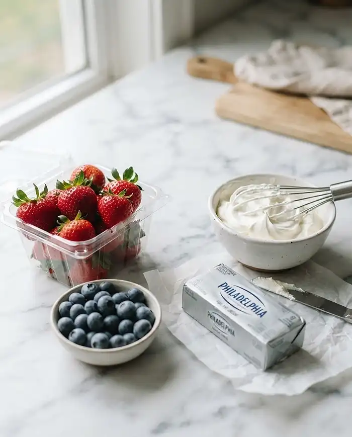 Patriotic Summer Dessert Recipes 2 Fresh strawberries, blueberries, and cream cheese ingredients used in patriotic summer dessert recipes